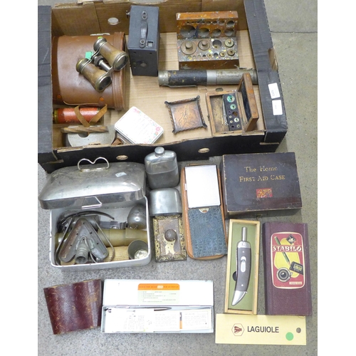 1125 - A vintage travelling picnic set, a pairs of Crown 10x50 binoculars, opera glasses, box camera, two b... 