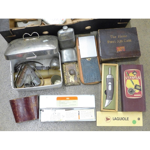 1125 - A vintage travelling picnic set, a pairs of Crown 10x50 binoculars, opera glasses, box camera, two b... 