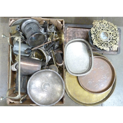 1143 - A box of Victorian, Art Nouveau and Arts and Crafts metalwork including a decorative copper tray **P... 