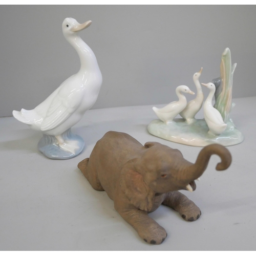 625 - Two Nao figures and an Aynsley figure of a baby bull elephant