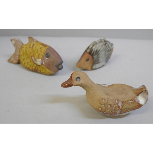 633 - Three items of Tremar stoneware pottery, two fish and a duck