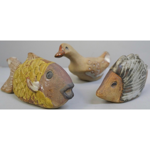 633 - Three items of Tremar stoneware pottery, two fish and a duck