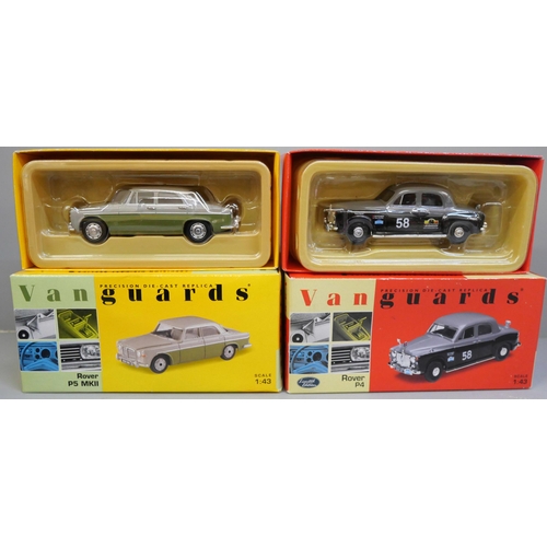 634 - A Vanguards Rover P5 and Rover P4 plus a model Citroen 2CV and Jaguar M2