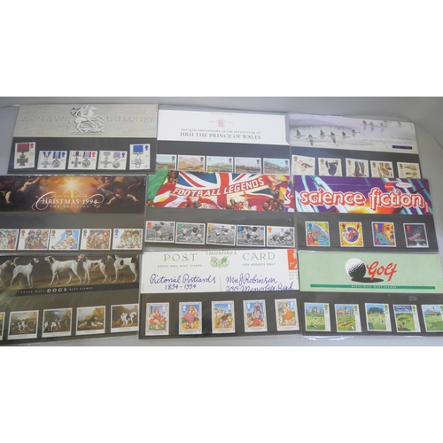 654 - A collection of 41 Royal Mail stamp packs including Football Legends, Science Fiction and Golf