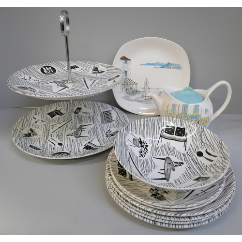 675 - A Ridgway Potteries Homemaker two tier cake stand, four side plates, two tea plates and cereal bowl ... 