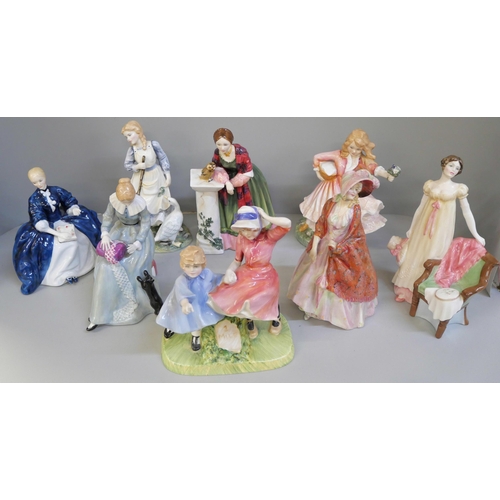 676 - Eight Royal Doulton figures including Paisley Shawl, a/f, Dorothy, Daddy's Joy, Milestone, limited e... 