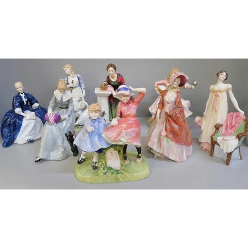 676 - Eight Royal Doulton figures including Paisley Shawl, a/f, Dorothy, Daddy's Joy, Milestone, limited e... 