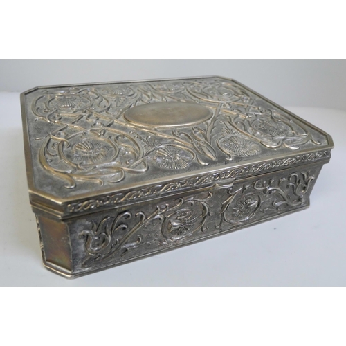 693 - A 1960s French silver plated Art Nouveau style jewellery box with red velvet interior, 24cm x 18cm