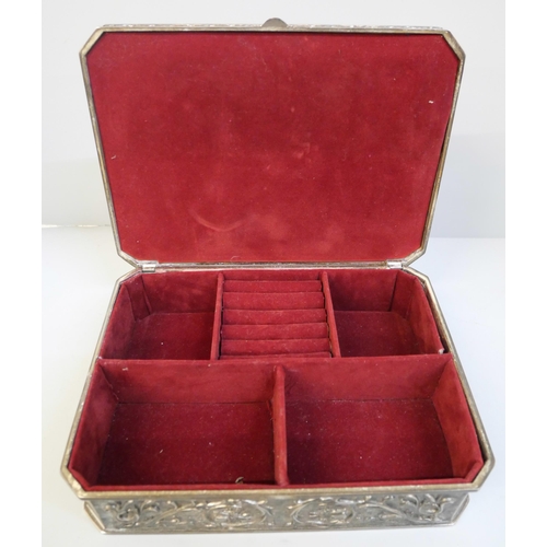 693 - A 1960s French silver plated Art Nouveau style jewellery box with red velvet interior, 24cm x 18cm