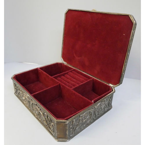 693 - A 1960s French silver plated Art Nouveau style jewellery box with red velvet interior, 24cm x 18cm