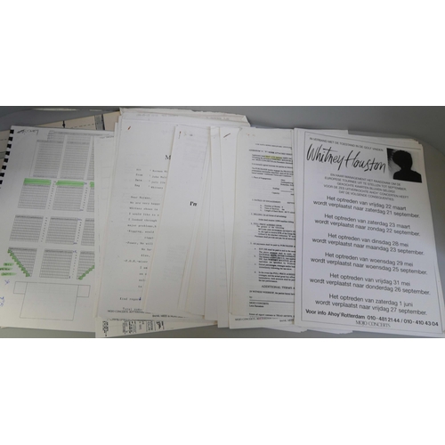 700 - Whitney Houston 1991 tour contracts, menus, stage layout, tour itinerary - large collection