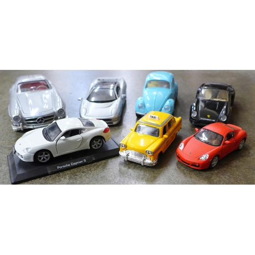 708 - A collection of model cars including Bburago Porsche x2, Mercedes, Kinsmart Porsche and Airfix VW Be... 