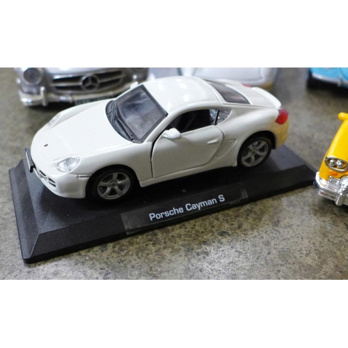 708 - A collection of model cars including Bburago Porsche x2, Mercedes, Kinsmart Porsche and Airfix VW Be... 