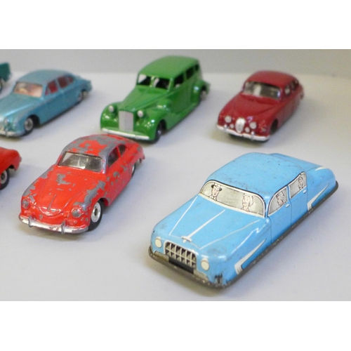 730 - Fourteen Dinky, Corgi and Solido model vehicles and a GTP tin plate car