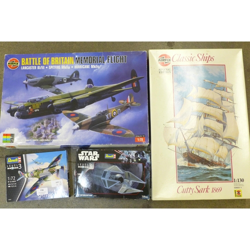 736 - Four Airfix and Revell kits, Battle of Britain memorial Flight, Star Wars Tie Interceptor, Spitfire ... 