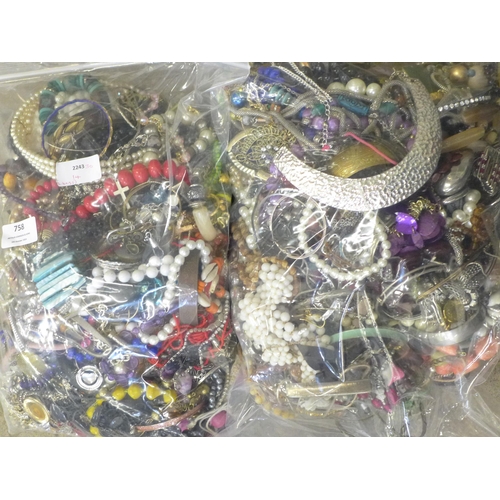 758 - Two bags of costume jewellery