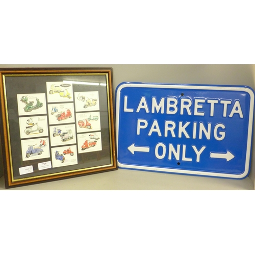 766 - A 'Lambretta Parking Only' tin plate sign and a framed set of Classic Scooters Cards