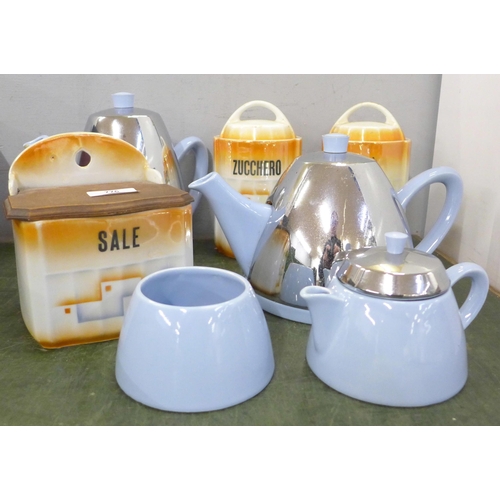 776 - An Art Deco chrome covered tea service and a set of three Italian storage containers