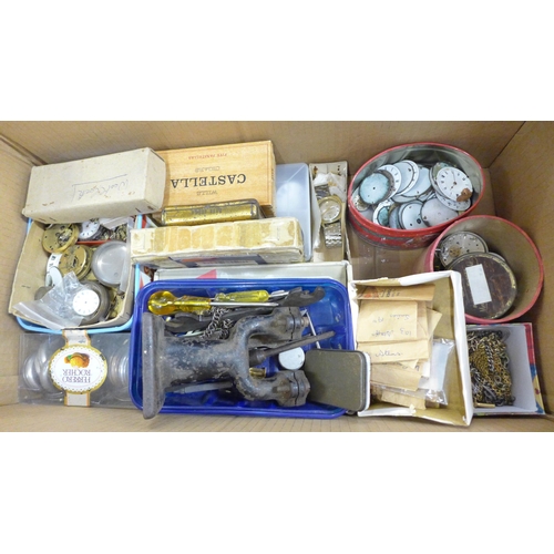 781 - A box of mixed watch parts, silver case, fob watch, a small box of vintage watches for repair, Alber... 