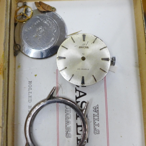 781 - A box of mixed watch parts, silver case, fob watch, a small box of vintage watches for repair, Alber... 