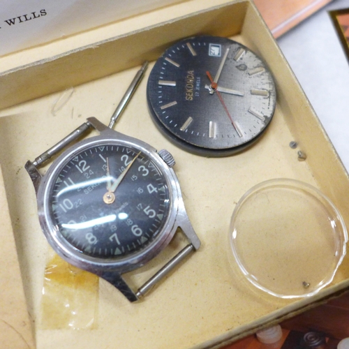 781 - A box of mixed watch parts, silver case, fob watch, a small box of vintage watches for repair, Alber... 