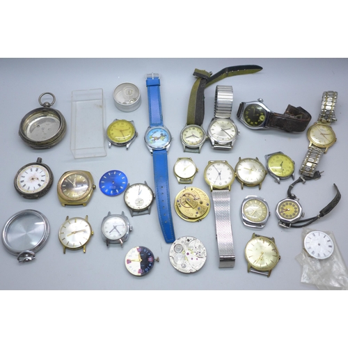 781 - A box of mixed watch parts, silver case, fob watch, a small box of vintage watches for repair, Alber... 