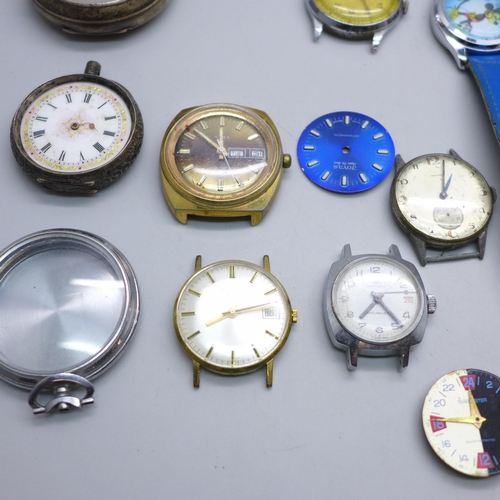 781 - A box of mixed watch parts, silver case, fob watch, a small box of vintage watches for repair, Alber... 