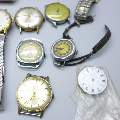 781 - A box of mixed watch parts, silver case, fob watch, a small box of vintage watches for repair, Alber... 