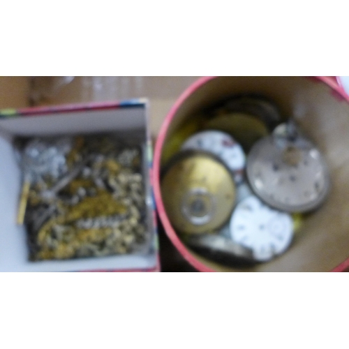 781 - A box of mixed watch parts, silver case, fob watch, a small box of vintage watches for repair, Alber... 