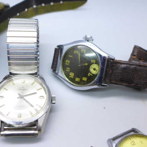 781 - A box of mixed watch parts, silver case, fob watch, a small box of vintage watches for repair, Alber... 