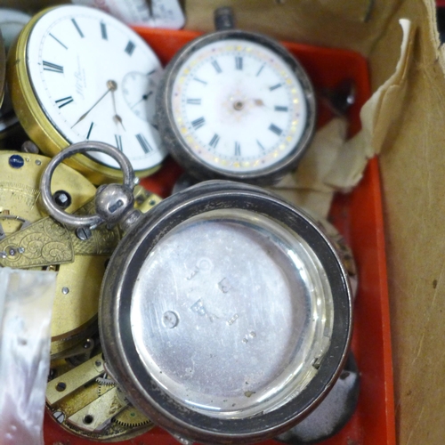 781 - A box of mixed watch parts, silver case, fob watch, a small box of vintage watches for repair, Alber... 