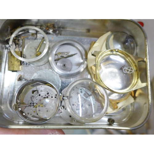 781 - A box of mixed watch parts, silver case, fob watch, a small box of vintage watches for repair, Alber... 