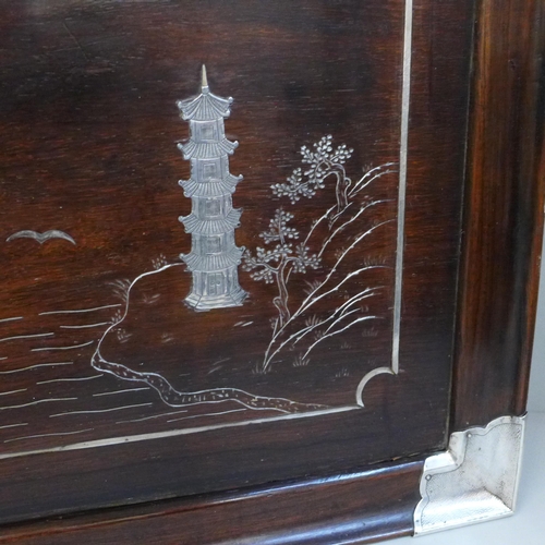 792 - A Chinese wooden tray with silver inlay