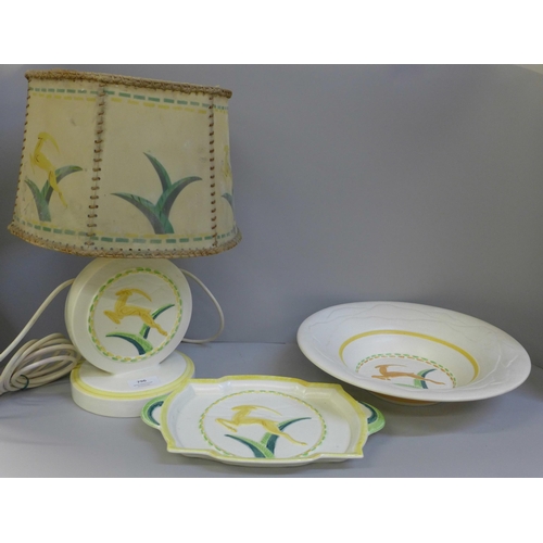 796 - An Art Deco large bowl, lamp with shade and dish with antelope design **PLEASE NOTE THIS LOT IS NOT ... 