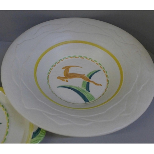 796 - An Art Deco large bowl, lamp with shade and dish with antelope design **PLEASE NOTE THIS LOT IS NOT ... 