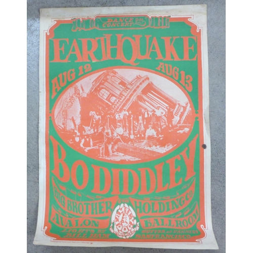 797 - An original 1966 poster of Bo Diddley, Earthquake Tour, original Kelly Mouse design