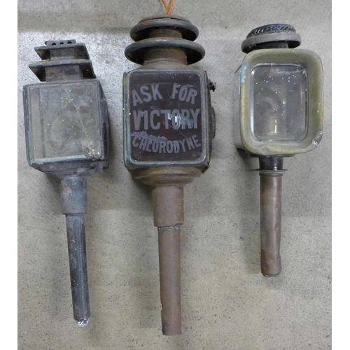 798 - Three vintage coach lamps including one with advertising - Ask For Victory Chlorodyne **PLEASE NOTE ... 