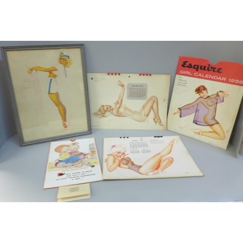 800 - A set of vintage calendars; Esquire Girl 1956, Esquire Girl 1947, Mabel Lucie Attwell 1957 and a fra... 