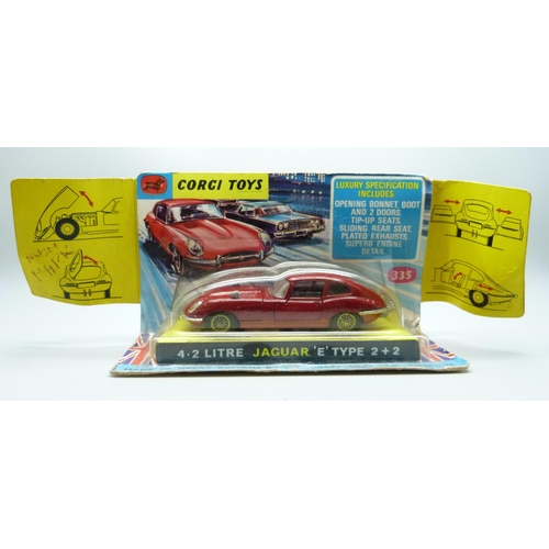 821 - A Corgi Toys 335 E Type Jaguar, with packaging