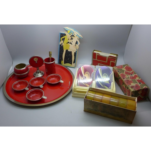 825 - A 1930s Bridge card set and tray and Rolinx roll-top card box with two packs of playing cards, seale... 