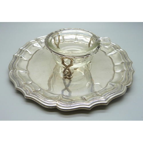 833 - A silver salver with preserve pot stand, stamped 925, 20.5cm, 338g