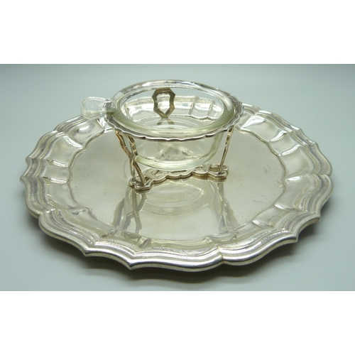 833 - A silver salver with preserve pot stand, stamped 925, 20.5cm, 338g