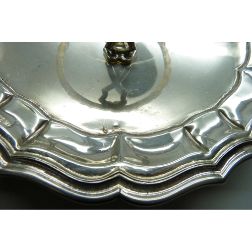 833 - A silver salver with preserve pot stand, stamped 925, 20.5cm, 338g