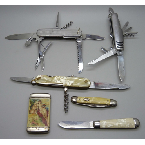 841 - A collection of pen knives and a vesta case, including ICEL INOX, Richards and Teja & Rosa