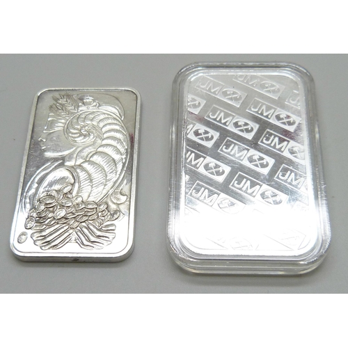 858 - Two 1oz 999 fine silver bars - Pamp Suisse and JM