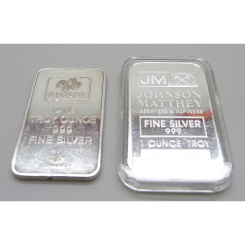 858 - Two 1oz 999 fine silver bars - Pamp Suisse and JM