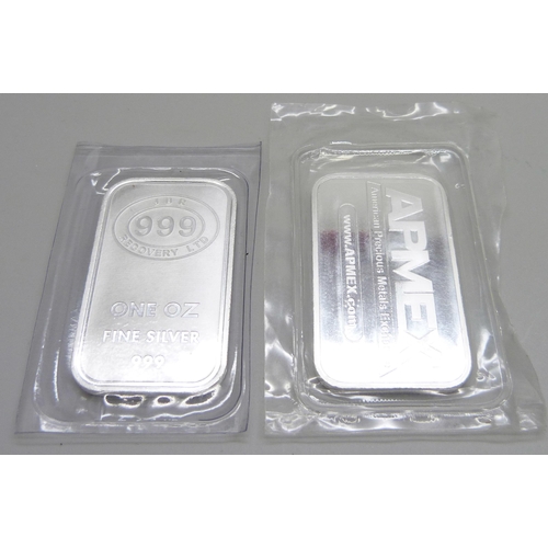 859 - Two 1oz 999 fine silver bars - JBR and Apmex