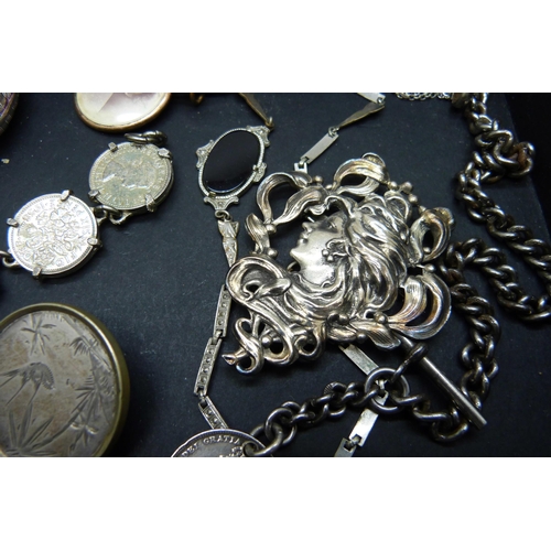 877 - A collection of Victorian and later jewellery and an 1887 coin pendant