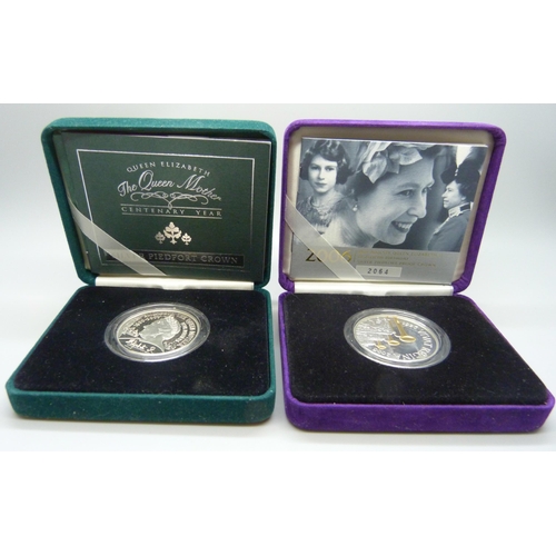 887 - Two silver piedfort crowns - The Queen Mother Centenary Year, and 2006 Her Majesty Queen Elizabeth I... 