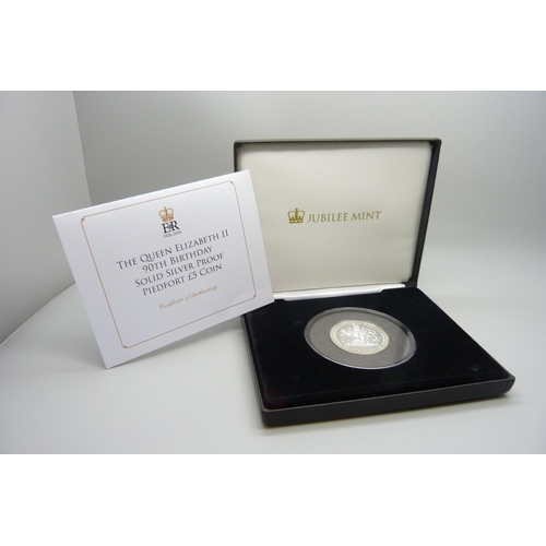 888 - A Queen Elizabeth II 90th Birthday Solid Silver Proof Piedfort £5 Coin, boxed and with certificate